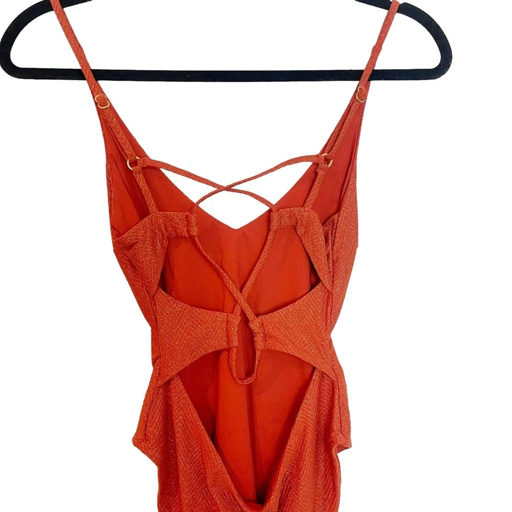 L Space Ribbed One Piece Gianna Classic Swimsuit V Neck Red Women's Size 6 NWT